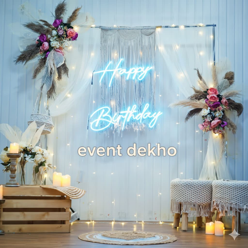 Elegant Boho Floral Happy Birthday Backdrop with Neon Lights