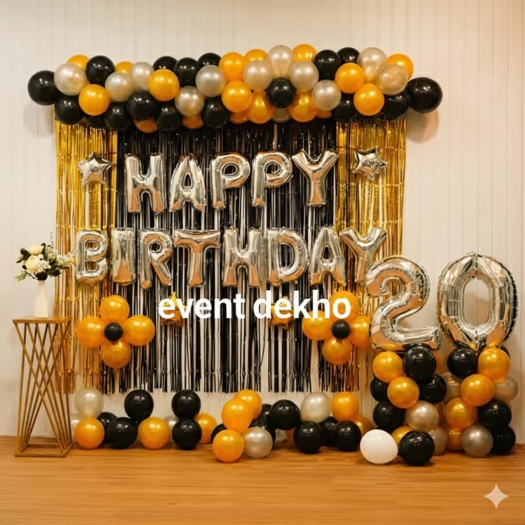 Golden Black Birthday Balloon Decoration with Foil Backdrop