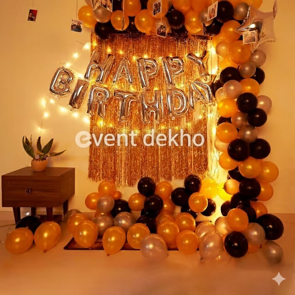 Golden Black Birthday Decoration with LED Lights and Balloon Arch