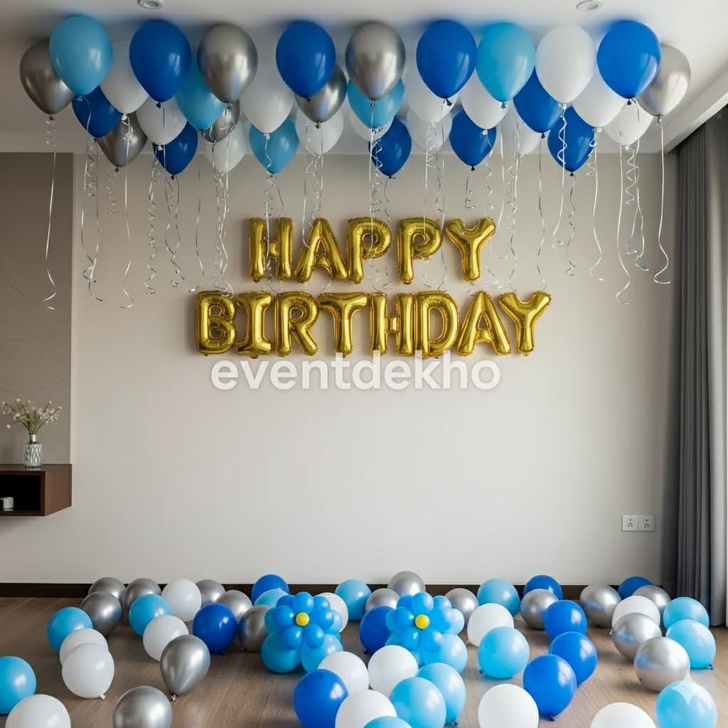 Blue Silver Balloon Birthday Decoration Setup