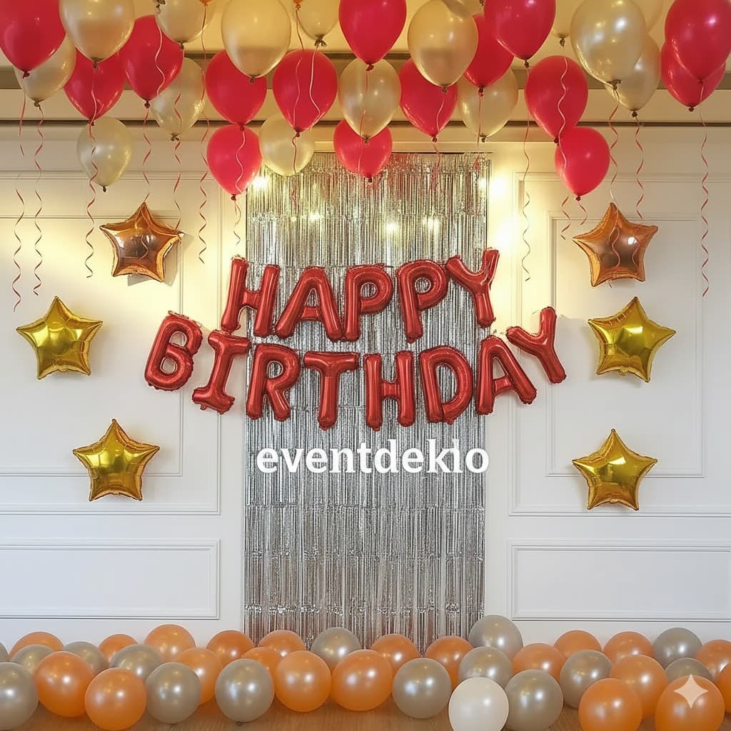 Red Gold Silver Elegant Birthday Decoration with Star Foil and Tinsel Backdrop