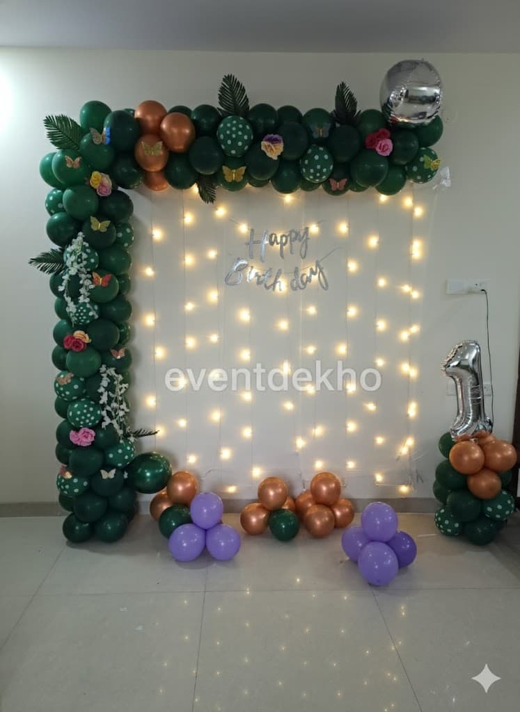 Elegant Green Gold Balloon Birthday Decoration with Fairy Light Backdrop