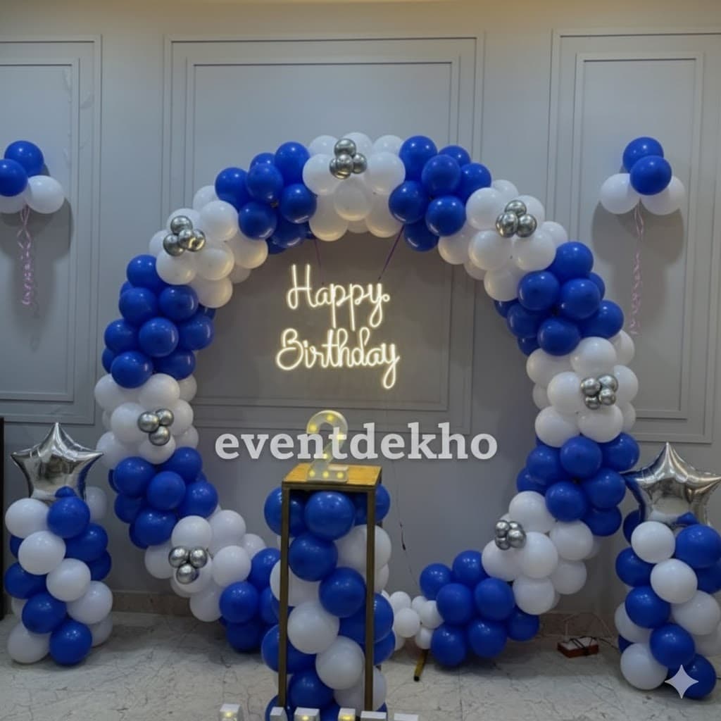 Royal Blue White Balloon Ring Birthday Decoration with Neon Light Backdrop