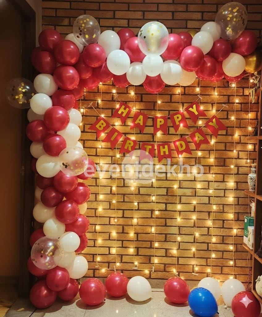 Red White Balloon Arch Birthday Decoration with Fairy Lights