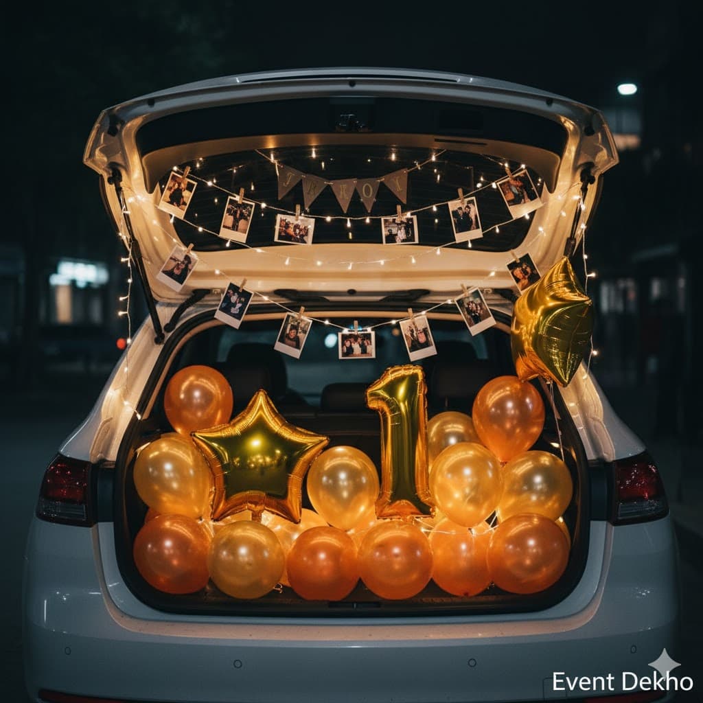 Car Boot Decoration Golden Balloon and Fairy Light Surprise Setup