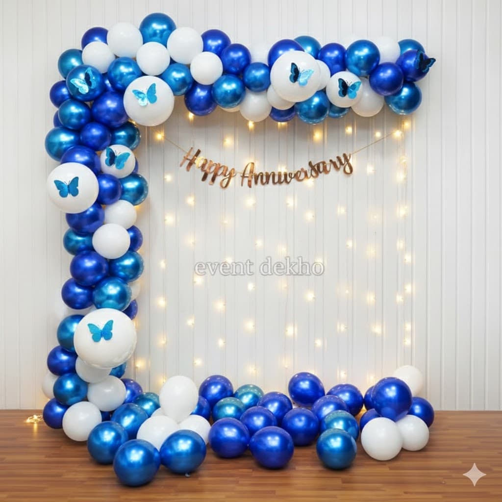 Blue White Butterfly Anniversary Balloon Decoration Setup with Fairy Lights
