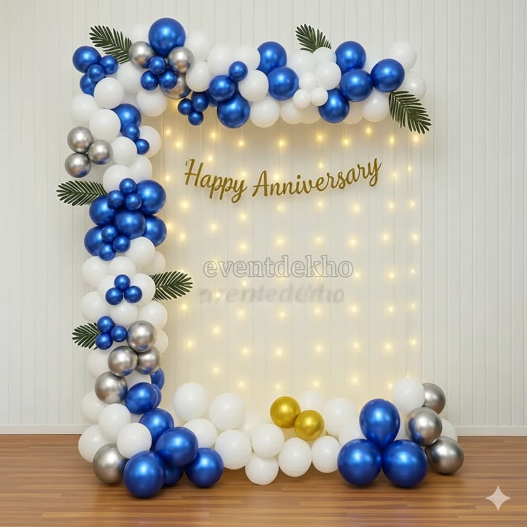 Blue White Silver Balloon Anniversary Decoration with Fairy Light Backdrop