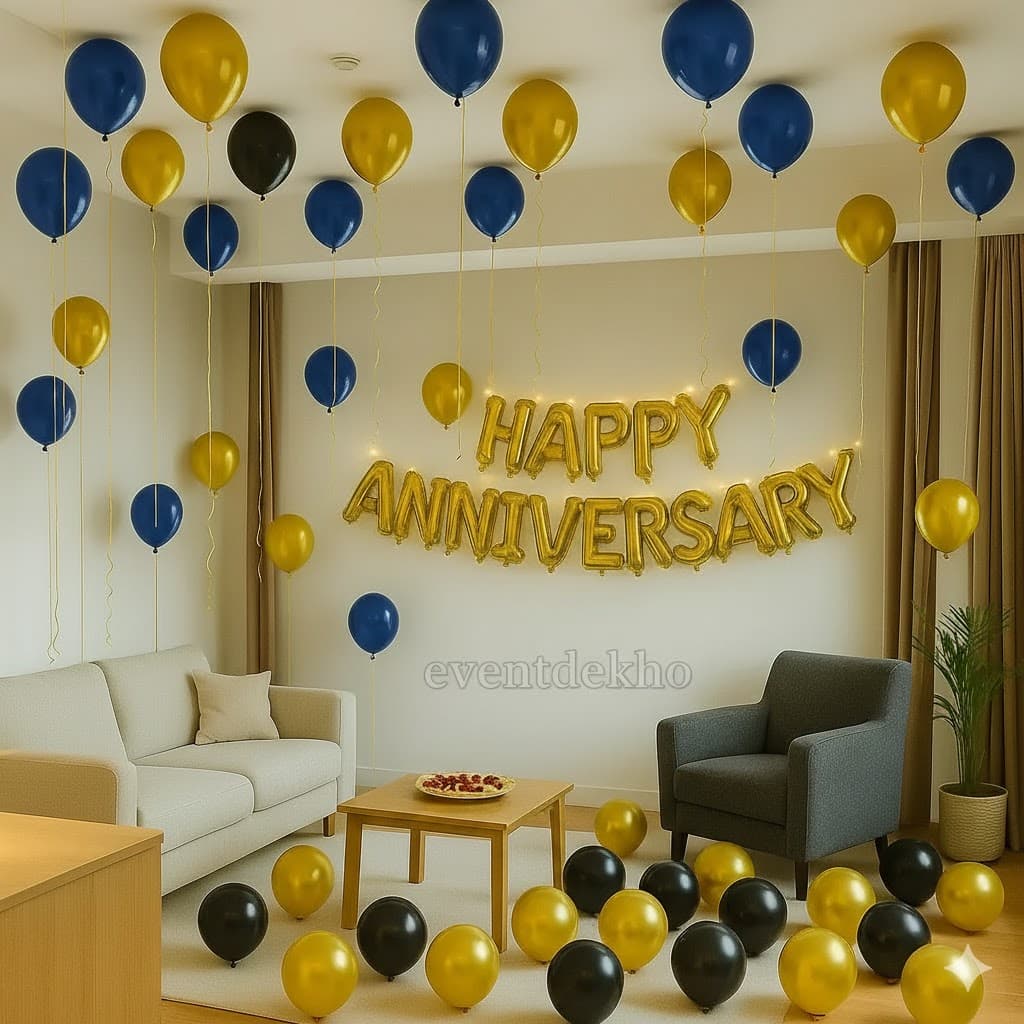 Elegant Blue Gold Anniversary Room Decoration