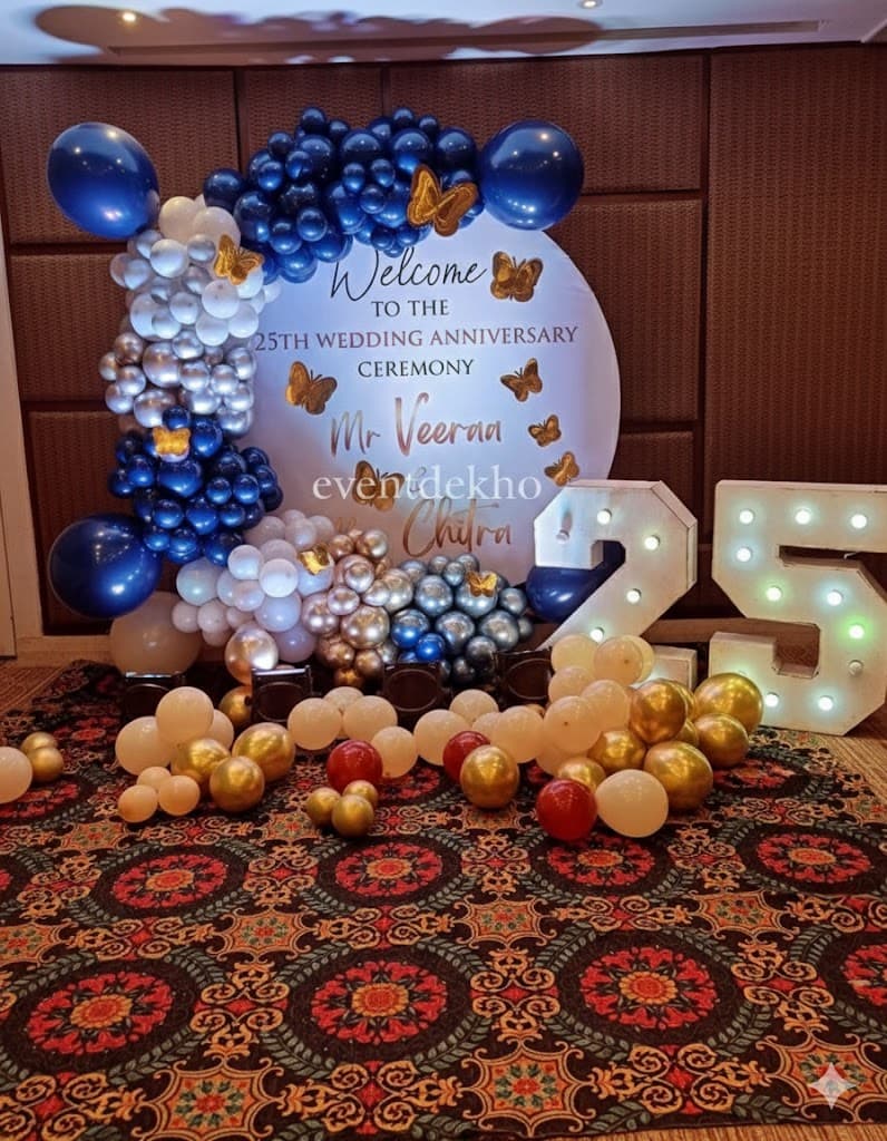 Elegant 25th Wedding Anniversary Balloon Decor with Customized Backdrop LED Lights