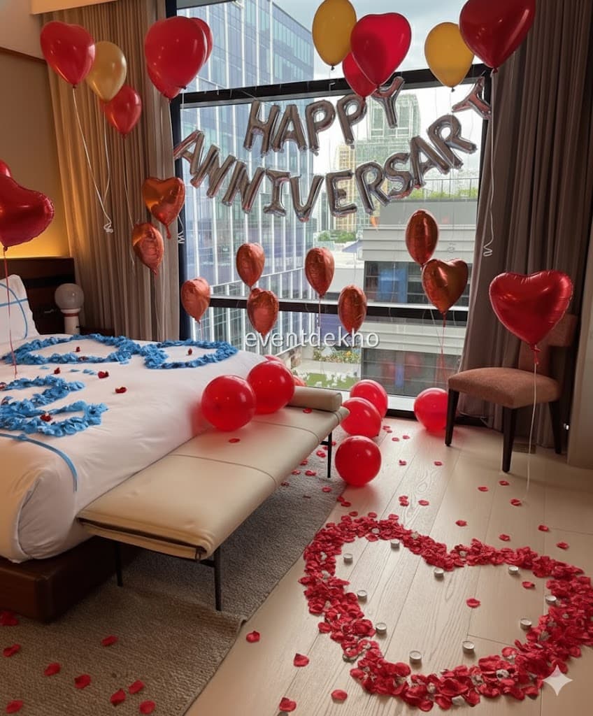 Romantic Anniversary Room Decoration Heart Balloons Rose Petal Setup