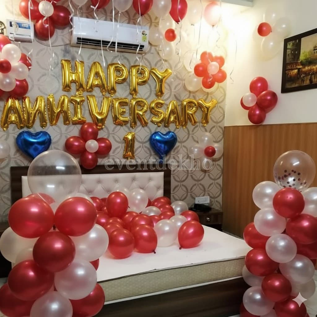 1st Anniversary Room Decoration Red and White Balloon Theme