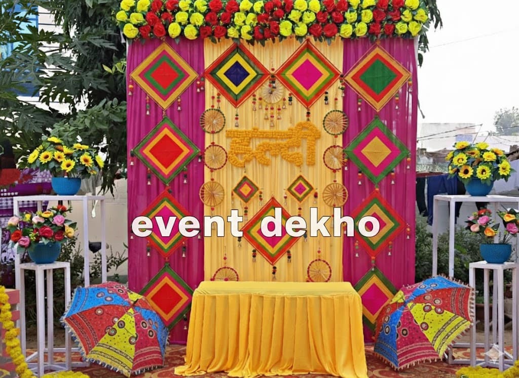 Vibrant Phulkari and Umbrella Haldi Decor Setup