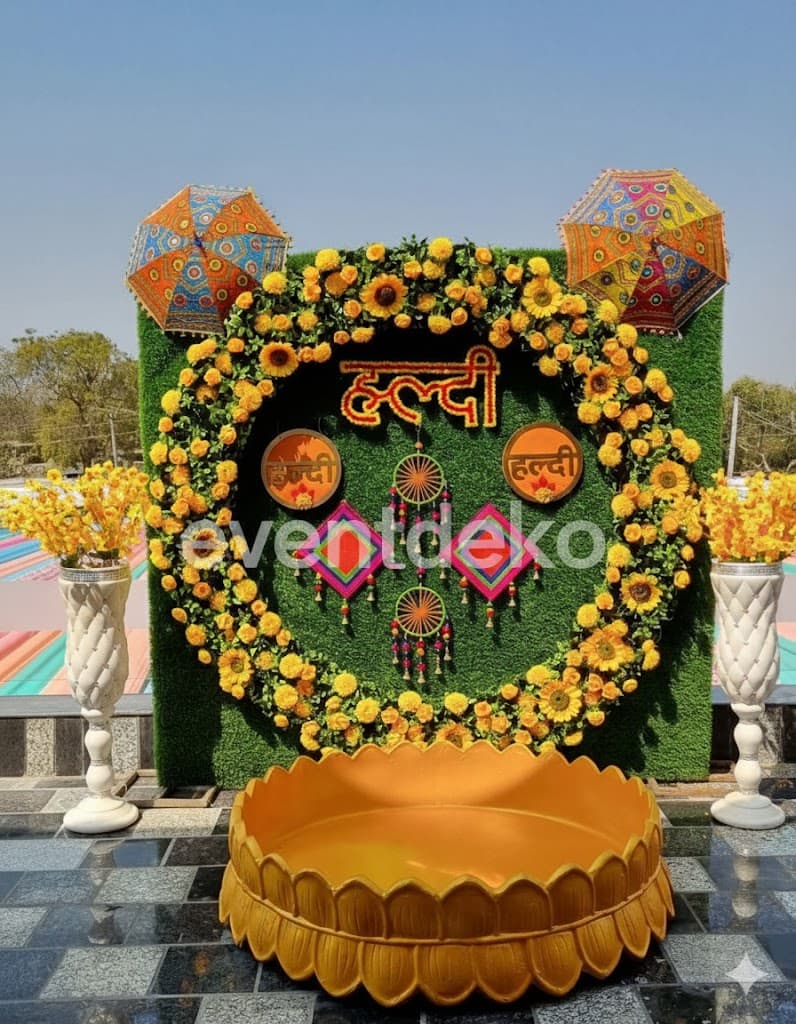 Floral Haldi Ring Backdrop With Golden Tubl