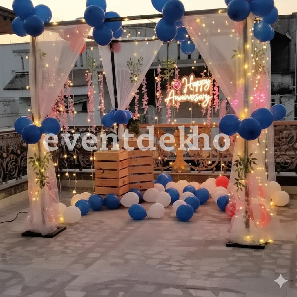 Blue and White Anniversary Rooftop Cabana Decoration