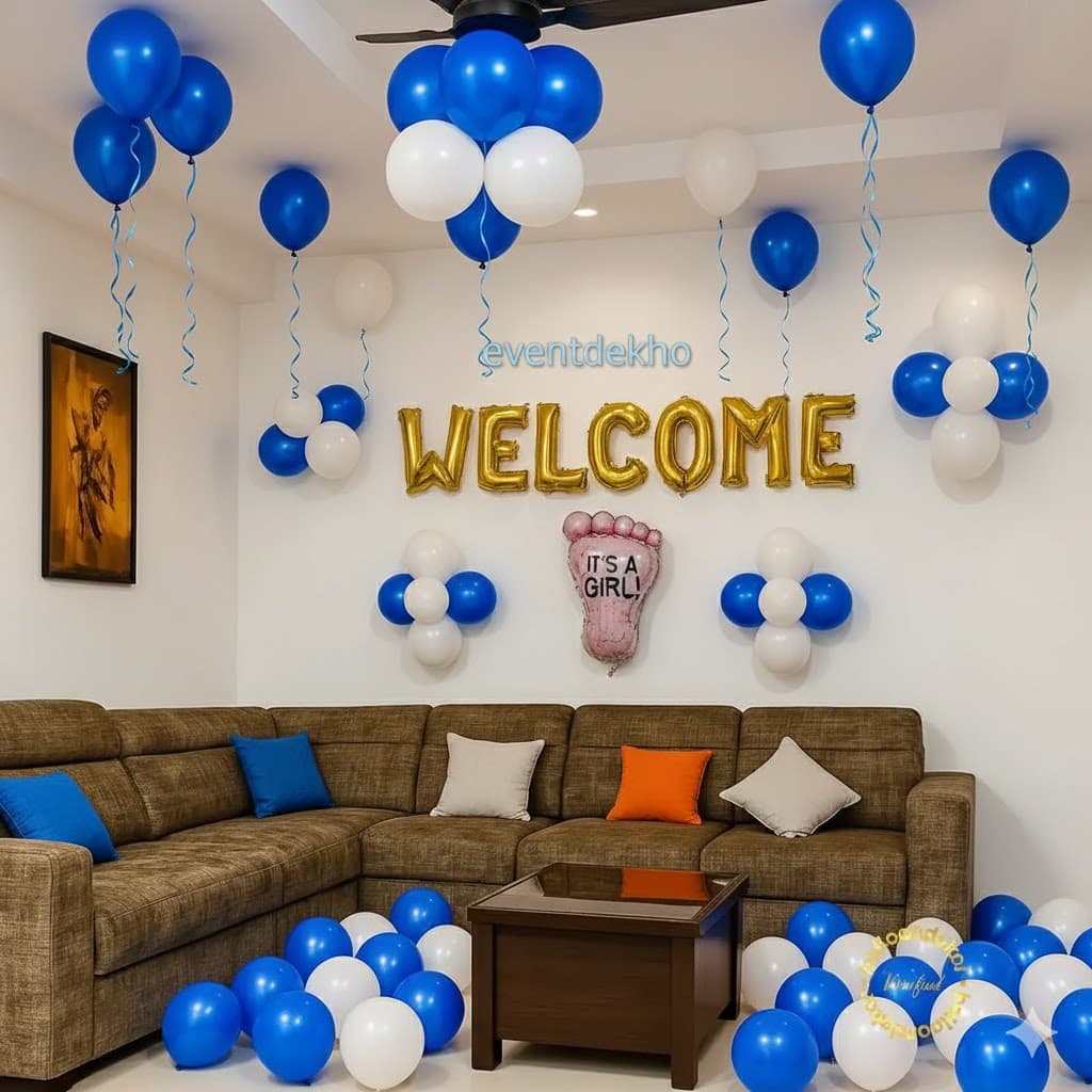 Welcome Baby Girl Balloon Decoration Pink Foot Foil Blue White Theme Setup