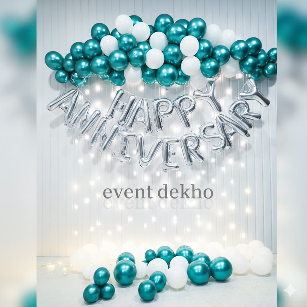 Teal Green White Chrome Balloon Anniversary Backdrop